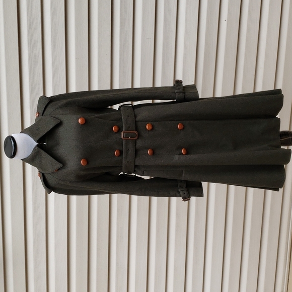 BURBERRY MILITARY GREEN PLEATED DOUBLE-BREASTED WOOL TRENCH COAT